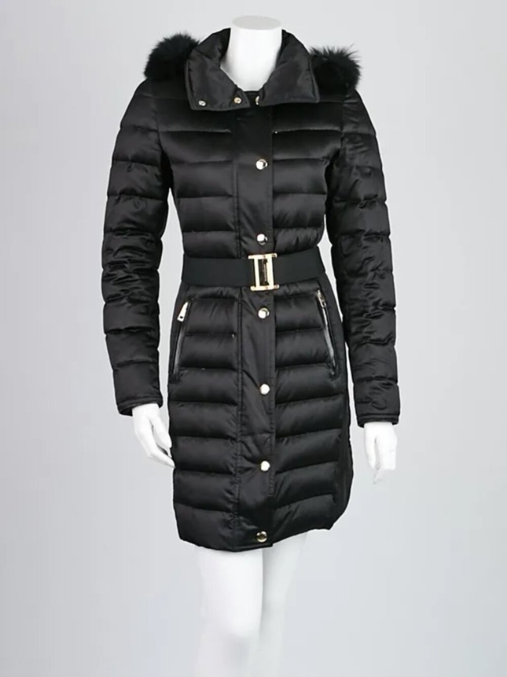 Burberry London Black Quilted Down Fox Fur Hooded Puffer Belted - Size 4.